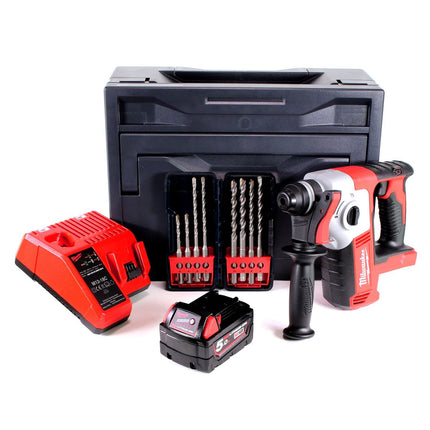 Taladro percutor a batería Milwaukee M18 BH-501M 18V 1.2J SDS-plus + 1x batería 5.0Ah + cargador + 8 piezas. Juego de brocas + M-Box