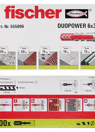 Taco de expansión Fischer DUOPOWER 6x30mm 500 piezas (5x 555006)