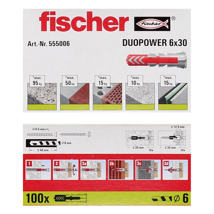 Taco de expansión Fischer DUOPOWER 6x30mm 1000 piezas (10x 555006)