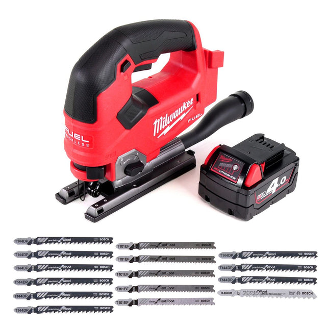 Sierra de calar Milwaukee M18 FJS-401 18V sin escobillas + 1x batería 4.0Ah + 16x hojas de sierra de calar - sin cargador