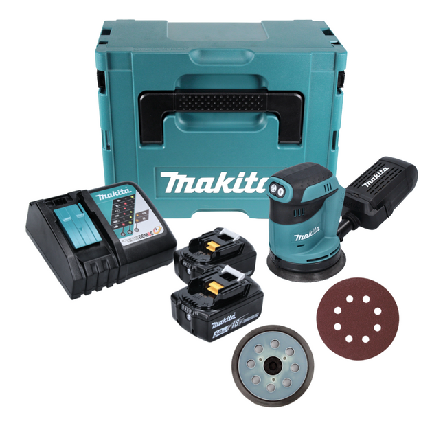 Lijadora excéntrica a batería Makita DBO 180 RTJ 18 V 125 mm + 2x baterías 5,0 Ah + cargador + plato lijador + 10x papel de lija K80 + Makpac
