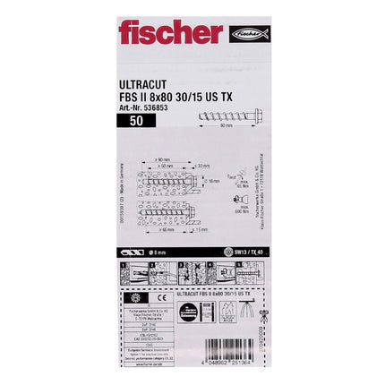 Fischer ULTRACUT FBS II tornillo para hormigón 8x80mm 30/15 100 piezas cabeza hexagonal SW13 arandela TX40 galvanizado (536853)