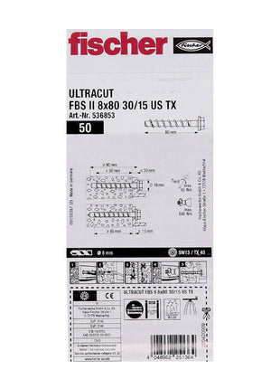 Fischer Tornillo para hormigón ULTRACUT FBS II 8x80mm 30/15 50 piezas cabeza hexagonal SW13 arandela TX40 galvanizado (536853) + broca de acero para hormigón SDS-Plus 10x215 (B-58213)