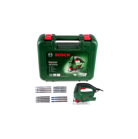 Sierra de calar DIY Bosch PST 670 (CT) 500W + Juego de hojas de sierra de calar Bosch 15 piezas. + maleta