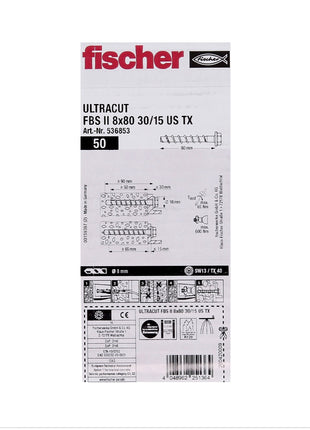 Tornillo hormigón Fischer ULTRACUT FBS II 8x80mm 30/15 100 piezas Cabeza hexagonal SW13 arandela TX40 galvanizado (536853) + Broca hormigón acero SDS-Plus 10x215 (B-58213)