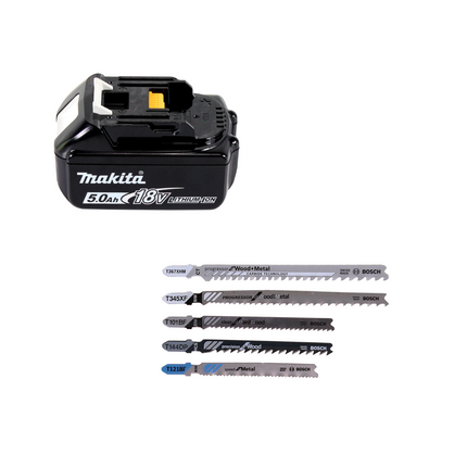 Sierra de calar pendular a batería Makita DJV 181 T1J 18V sin escobillas + 1x batería 5.0Ah + Bosch 15 piezas. Juego de hojas de sierra de calar + Makpac - sin cargador