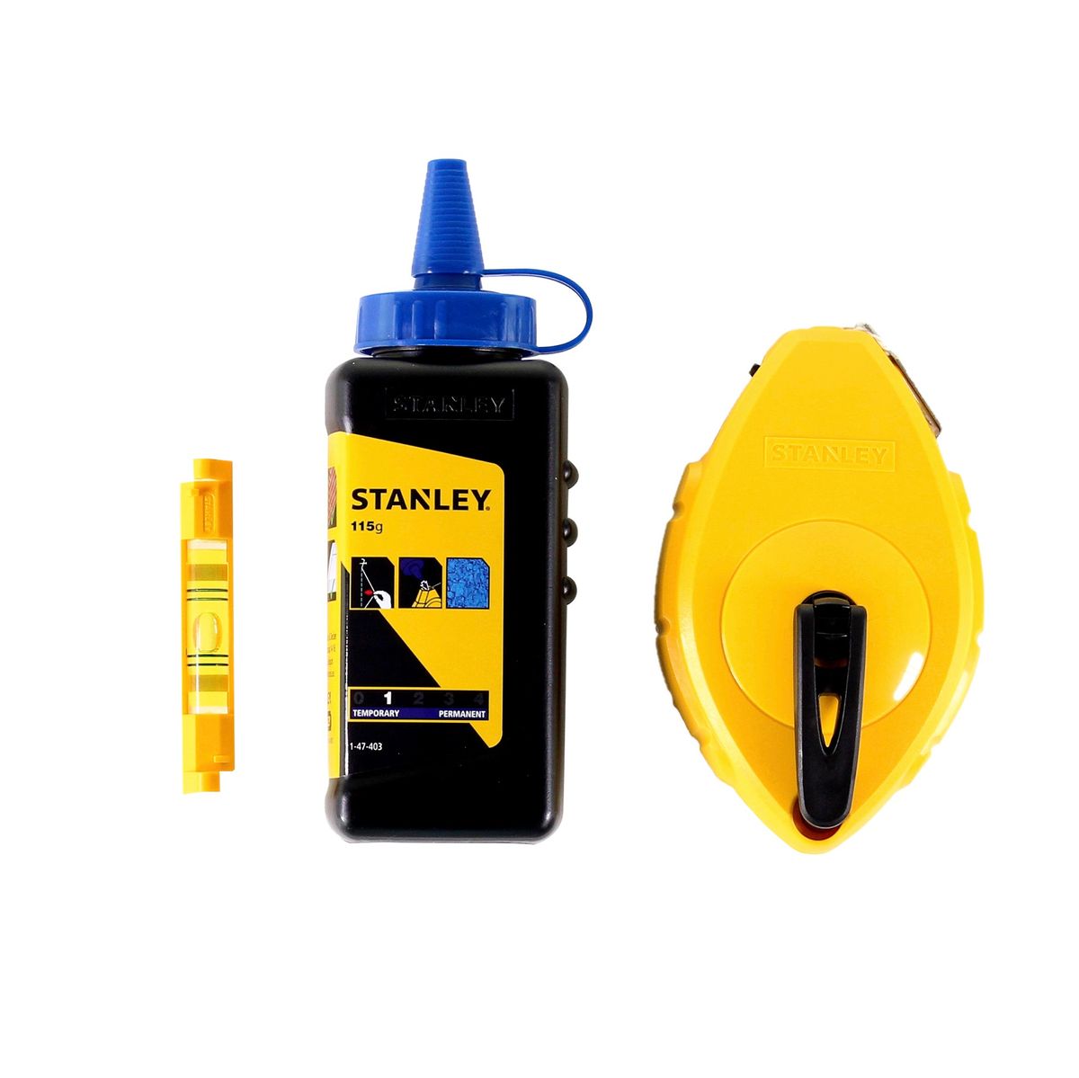 Juego de hilos de tiza Stanley FatMax 30m + tiza azul de 115g + nivel de burbuja de hilo (0-47-443)