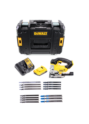 Sierra de calar inalámbrica DeWalt DCS 331 N + 1x batería 2 Ah + cargador + juego de hojas de sierra de calar Bosch + TSTAK