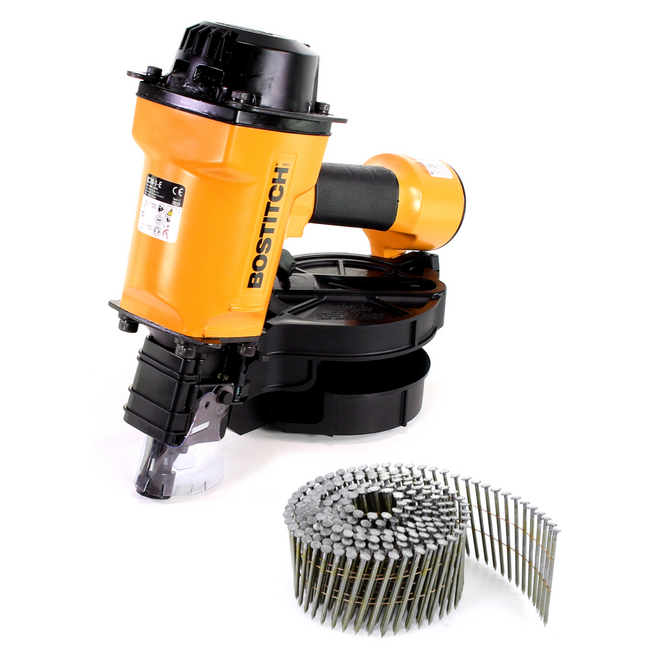 Clavadora de bobina de aire comprimido Bostitch IC70-1-E CT38-70 mm 4,9-7,0 bar + clavos de bobina 2,8 x 65 mm vástago de anillo en blanco