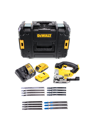 Sierra de calar inalámbrica DeWalt DCS 331 N + 2 baterías 2Ah + cargador + juego de hojas de sierra de calar Bosch + TSTAK