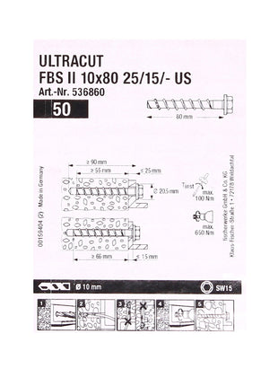 Tornillos para hormigón Fischer ULTRACUT FBS II 10x80mm 25/15/- 100 piezas Cabeza hexagonal SW15 (2x 536860) + Makita NEMESIS 2 SDS-Plus 10x215mm (B-58213)