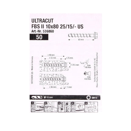 Tornillos para hormigón Fischer ULTRACUT FBS II 10x80mm 25/15/- 100 piezas Cabeza hexagonal SW15 (2x 536860) + Makita NEMESIS 2 SDS-Plus 10x215mm (B-58213)