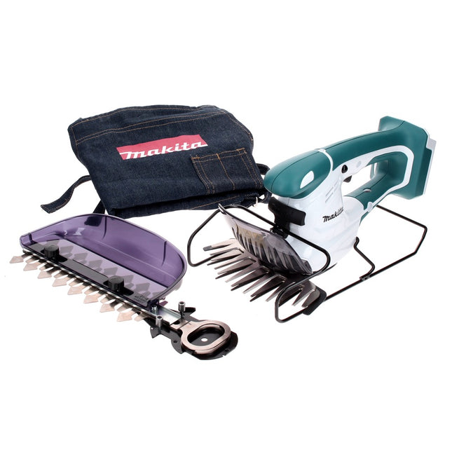 Tijeras para césped inalámbricas Makita UM 165 D (serie G) 14,4 V 16 cm + protección para cuchillas para césped + delantal de trabajo - sin batería, sin cargador