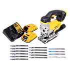 Sierra de calar a batería DeWalt DCS 331 D2 18V + 2x baterías 2.0Ah + cargador + 15x hoja de sierra de calar