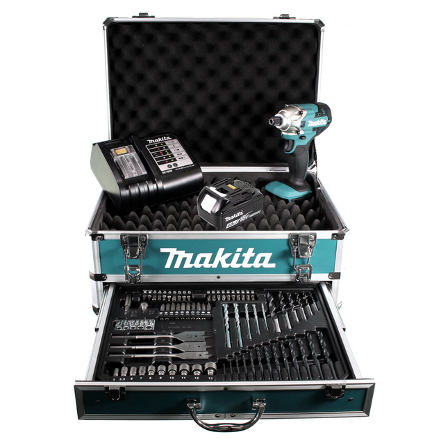 Llave de impacto a batería Makita DTD 156 SM1X4 18V 155Nm + 1x batería 4,0Ah + cargador + juego de brocas de 70 piezas + maletín de herramientas de aluminio X4 con inserto universal