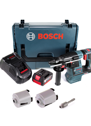 Taladro percutor a batería Bosch GBH 18V-26 18V 2.6J SDS plus sin escobillas + 1x batería 5.0Ah + cargador + accesorios coronas de vaso + L-Boxx