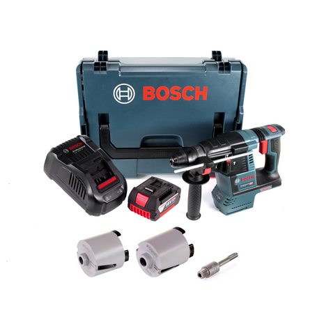 Taladro percutor a batería Bosch GBH 18V-26 18V 2.6J SDS plus sin escobillas + 1x batería 5.0Ah + cargador + accesorios coronas de vaso + L-Boxx