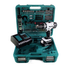 Taladro percutor inalámbrico Makita DHP 453 SFTK W 18 V 42Nm + 1x batería 3,0Ah + cargador rápido + 101 piezas. Set de accesorios + estuche