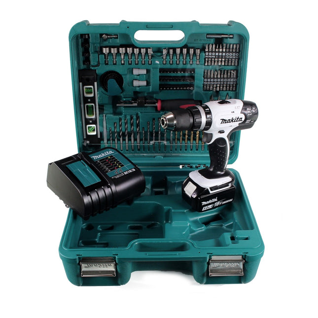 Taladro percutor inalámbrico Makita DHP 453 SFTK W 18 V 42Nm + 1x batería 3,0Ah + cargador rápido + 101 piezas. Set de accesorios + estuche