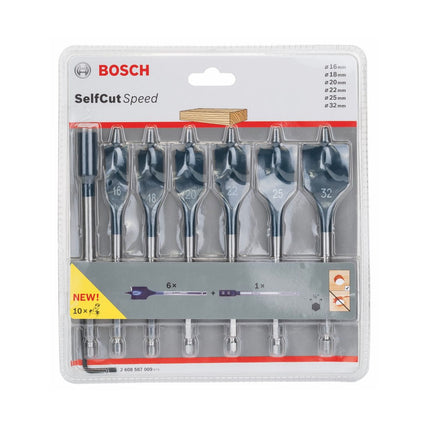 Juego de brocas fresadoras planas Bosch Self Cut Speed ​​de 7 piezas. 16/18/20/22/25/32mm + extensión 1/4" ( 2608587009 )
