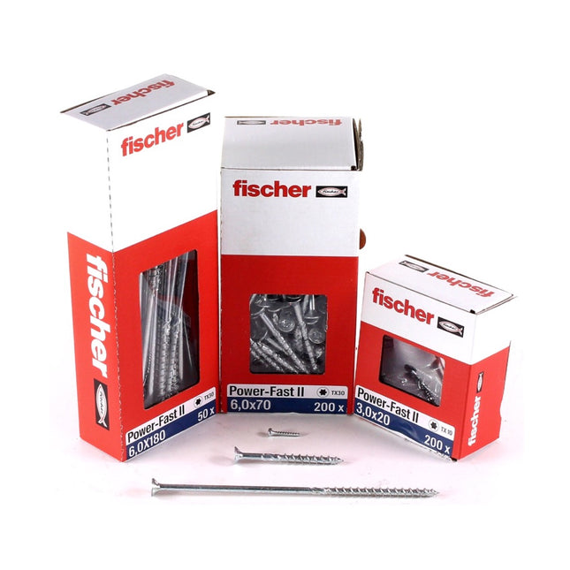Fischer Power-Fast II FPF II tornillos para aglomerado 6,0x70 mm 200 piezas (670484) cabeza avellanada con rosca parcial Torx, galvanizado, pasivado azul