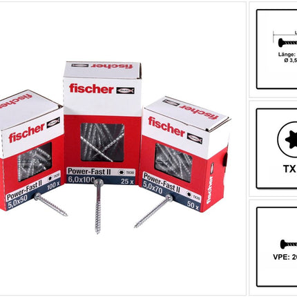 Fischer Power-Fast II FPF II tornillos para aglomerado 3,5x25 mm 200 piezas (670101) Cabeza plana con rosca completa Torx galvanizado, pasivado azul