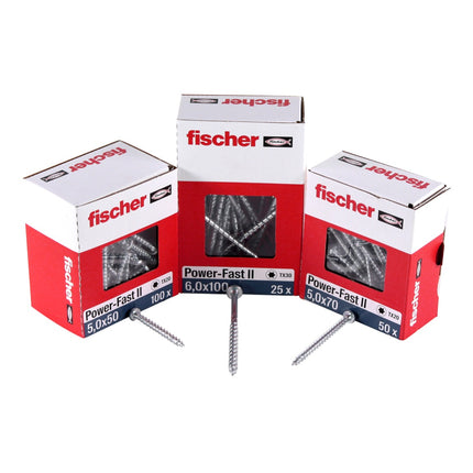 Fischer Power-Fast II FPF II tornillos para aglomerado 3,5x25 mm 200 piezas (670101) Cabeza plana con rosca completa Torx galvanizado, pasivado azul