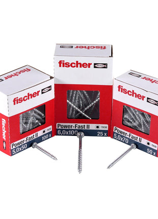 Fischer Power-Fast II FPF II tornillo para aglomerado 6,0x100 mm 25 piezas (670533) Cabeza alomada con rosca parcial Torx, galvanizado, pasivado azul