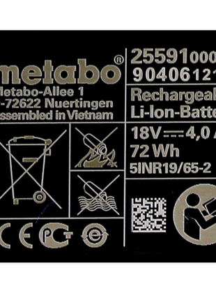 Zestaw akumulatorów Metabo 2x akumulator Li-Power 18 V 4,0 Ah CAS Li-Ion (2x 625591000) ze wskaźnikiem poziomu naładowania