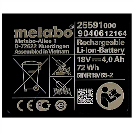 Set di batterie Metabo 2x batterie Li-Power 18 V 4,0 Ah CAS Li-Ion ( 2x 625591000 ) con indicatore del livello di carica