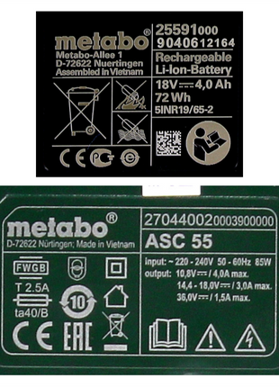 Metabo Basis Set 2x Li-Power Akkupack 18 V 4,0 Ah CAS Li-Ion Akku ( 2x 625591000 ) + Ladegerät ASC 55 ( 627044000 )