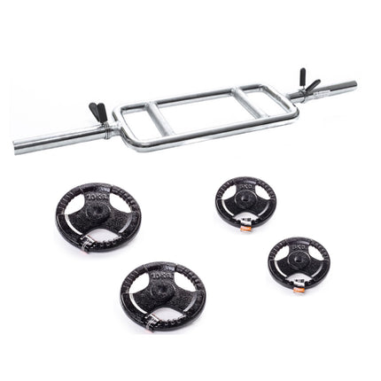 Set de barra de pesas para entrenamiento de tríceps y bíceps de 85 cm + 4 discos de pesas de hierro fundido (2 de 10,0 kg + 2 de 5,0 kg)
