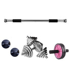 Set completo de entrenamiento con barra de dominadas de 60-90 cm + 2 mangos para flexiones + juego de mancuernas de 15 kg de hierro fundido + rodillo abdominal con rueda