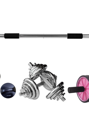 Set completo de entrenamiento con barra de dominadas de 60-90 cm + 2 mangos para flexiones + juego de mancuernas de 15 kg de hierro fundido + rodillo abdominal con rueda