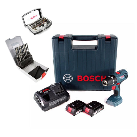 Taladro atornillador inalámbrico Bosch GSR 18V-21 18V 55Nm (06019H1070) + 2x batería 2,0Ah + cargador + 19 piezas. Juego de brocas + juego de puntas 32 piezas + estuche