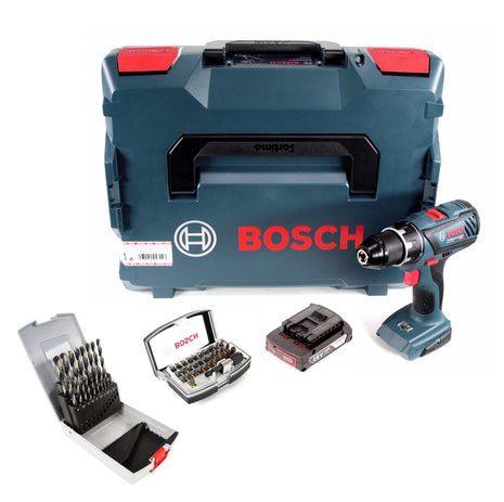 Taladro atornillador inalámbrico Bosch GSR 18V-28 18V 63Nm + 1x batería 2,0Ah + 19 piezas. Juego de brocas + juego de puntas de 32 piezas + L-Boxx - sin cargador