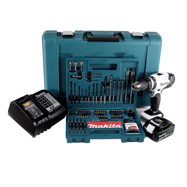 Makita DHP 453 SFTKW Taladro combinado de impacto a batería 18V / Color blanco + Maletín + 1x Batería 3,0 Ah + Cargador DC18SD + Juego de brocas y puntas de 100 accesorios