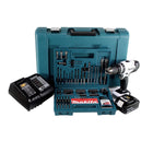 Makita DHP 453 STTKW Taladro combinado de impacto a batería 18V / Color blanco + Maletín + 1x Batería 5,0 Ah + Cargador DC18SD + Juego de brocas y puntas de 100 accesorios