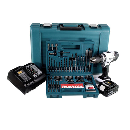 Makita DHP 453 STTKW Taladro combinado de impacto a batería 18V / Color blanco + Maletín + 1x Batería 5,0 Ah + Cargador DC18SD + Juego de brocas y puntas de 100 accesorios