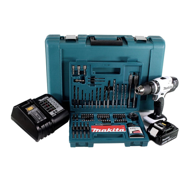 Makita DHP 453 STTKW Taladro combinado de impacto a batería 18V / Color blanco + Maletín + 1x Batería 5,0 Ah + Cargador DC18SD + Juego de brocas y puntas de 100 accesorios