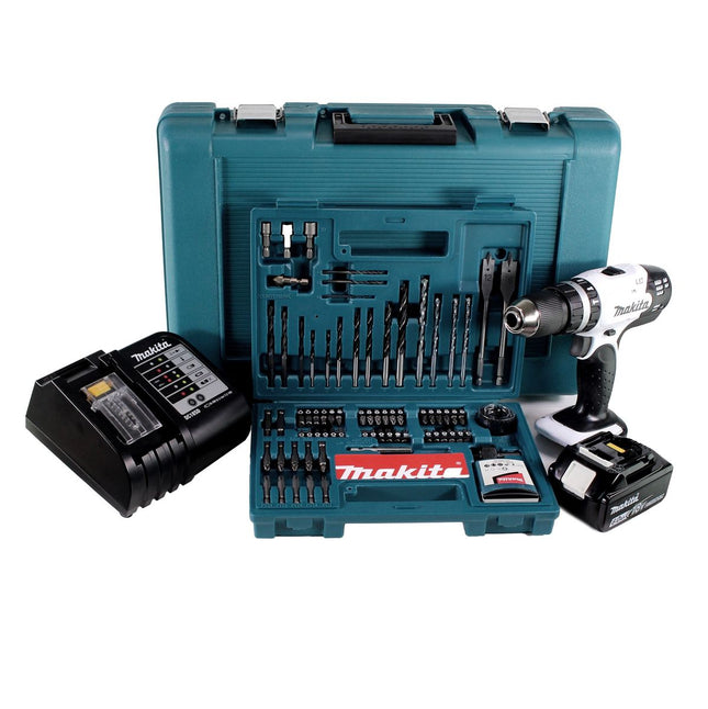 Makita DHP 453 SGTK W Taladro percutor inalámbrico 18 V 42Nm + 1x batería 6,0Ah + cargador + juego de brocas de 100 piezas + estuche
