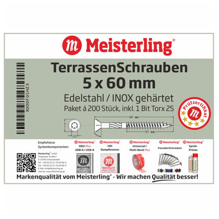 Meisterling Vis de terrasse 5x60 mm - 200 pièces (010010000021) CUT point 90 ° tête fraisée à tête fraisée avec Torx 2/3 gros filetage VA acier inoxydable