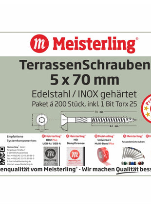 Tornillos para terraza Meisterling 5x70 mm 200 piezas (010010000031) Punta CUT Lente de 90° Cabeza avellanada con rosca gruesa Torx 2/3 Acero inoxidable VA