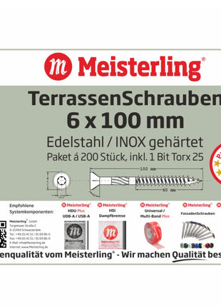 Tornillos para terraza Meisterling 6x100 mm 200 piezas (010010000051) Punta CUT Lente de 90° Cabeza avellanada con rosca gruesa Torx 2/3 Acero inoxidable VA