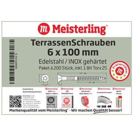 Meisterling Viti per terrazze 6x100 mm - 200 pezzi ( 010010000051 ) Punta CUT 90° lente a testa svasata con filettatura grossa Torx 2/3 acciaio inossidabile VA