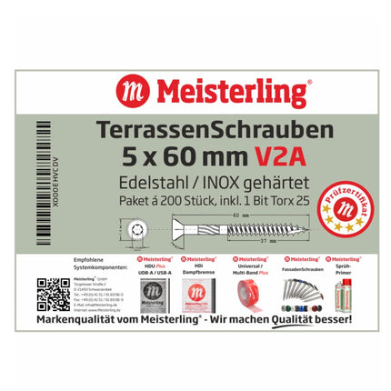 Meisterling Viti per terrazze 5x60 mm - 200 pezzi ( 010010000211 ) Punta CUT 90° lente a testa svasata con filettatura grossa Torx 2/3 acciaio inossidabile V2A