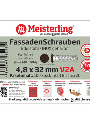 Meisterling Vis de façade 4,8x32 mm - 100 pièces (010020000131) tête plate 12 mm brun foncé + Filetage partiel Torx acier inoxydable V2A