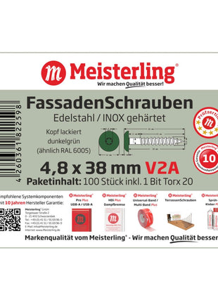 Meisterling Vis de façade 4,8x38 mm - 100 pièces (010020000241) tête plate 12 mm vert foncé + Filetage partiel Torx acier inoxydable V2A