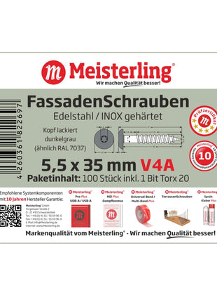 Meisterling Vis de façade 5,5x35 mm, 100 pcs., tête plate 12 mm, filetage partiel, empreinte Torx, acier inoxydable V4A, gris foncé (010030000115)