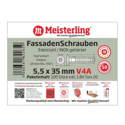 Meisterling Vis de façade 5,5x35 mm, 100 pcs., tête plate 12 mm, filetage partiel, empreinte Torx, acier inoxydable V4A, gris clair (010030000121)